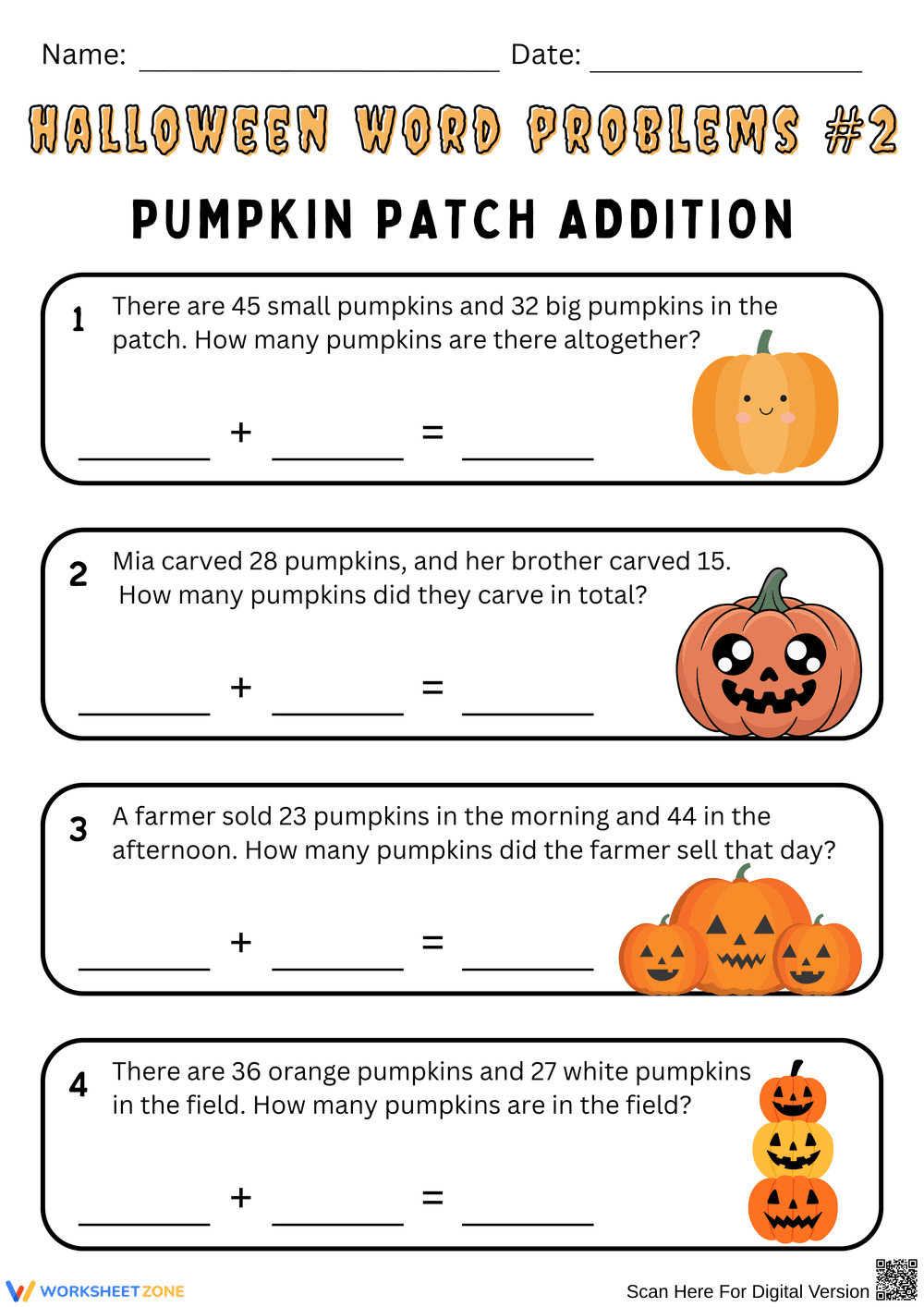 Halloween Pumpkin Patch Addition Word Problems Worksheet - Page 1