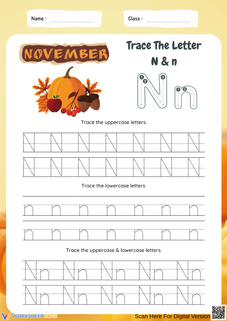 November Letter N Tracing Worksheet - Page 1
