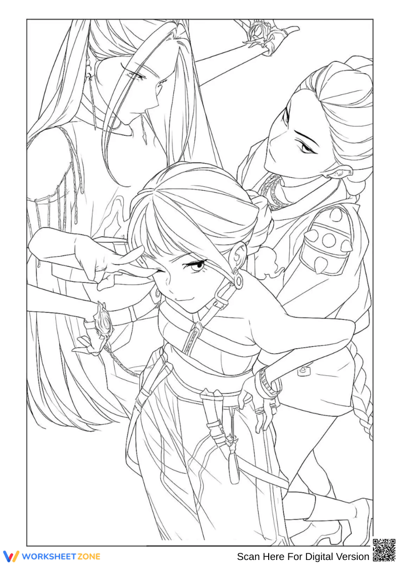 K-Pop Demon Hunters Group Pose Coloring Page - Page 1