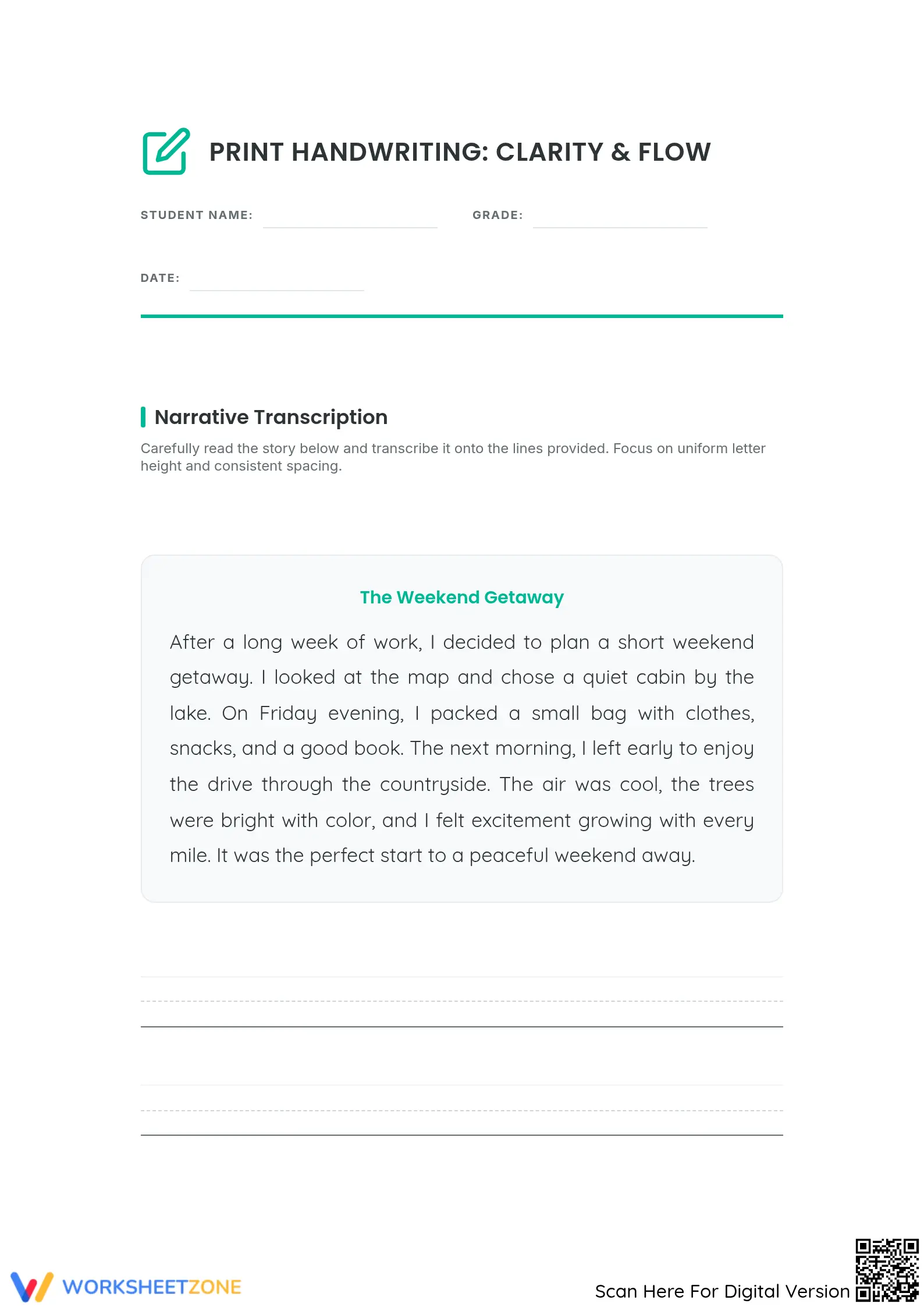 The Weekend Getaway – Handwriting Practice Paragraph Worksheet - Page 1