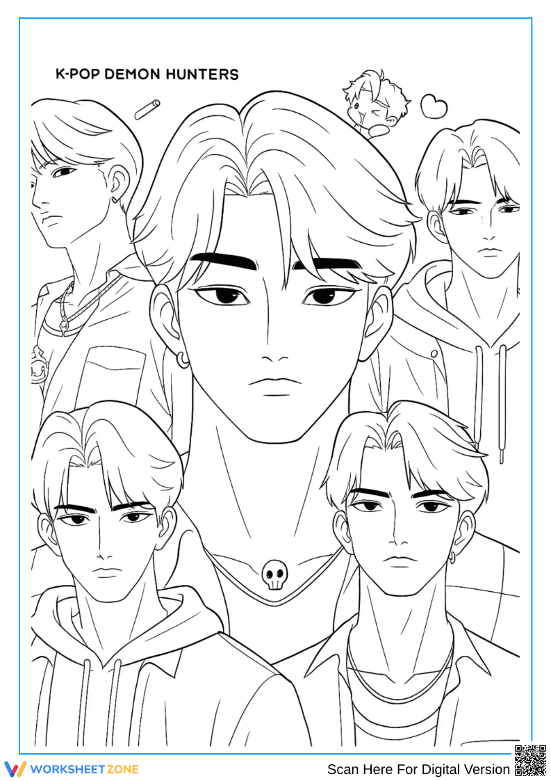 K-Pop Demon Hunters Coloring Page – Cool Male Character Portraits - Page 1