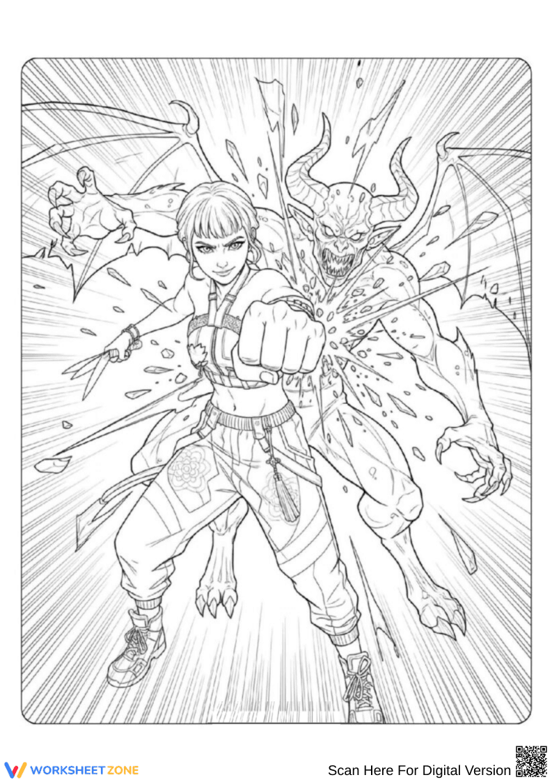 K-Pop Demon Hunters Coloring Page – Hero vs Demon Battle Scene - Page 1