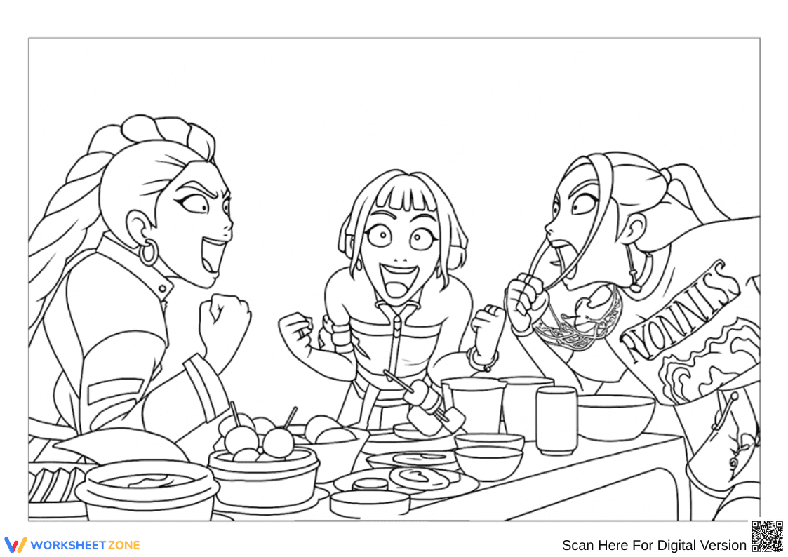 K-Pop Demon Hunters Coloring Page – Food Feast Fun - Page 1