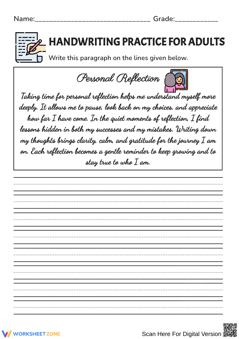 Cursive Personal Reflection – Handwriting Practice Paragraph Worksheet - Page 1