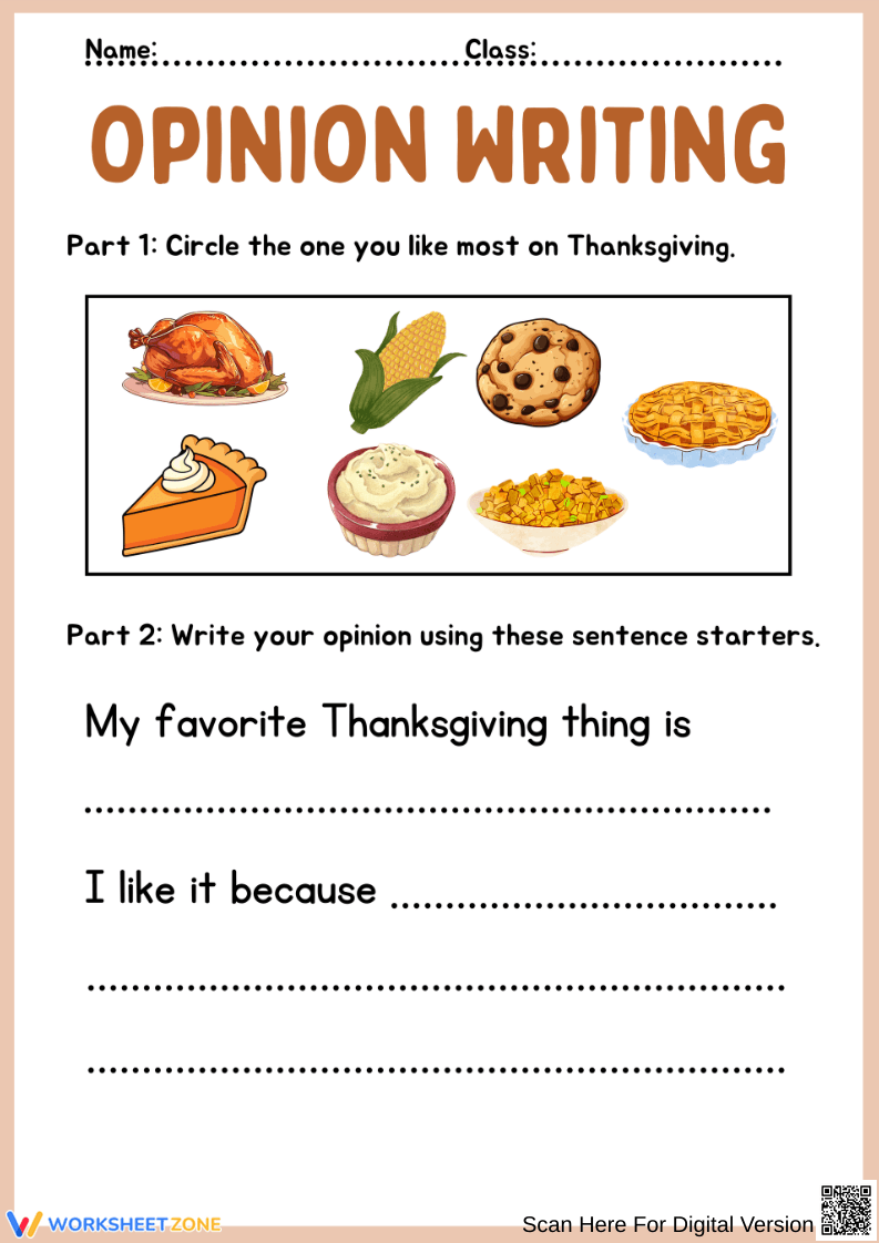 Thanksgiving Opinion Writing for Grade 1 - Page 1
