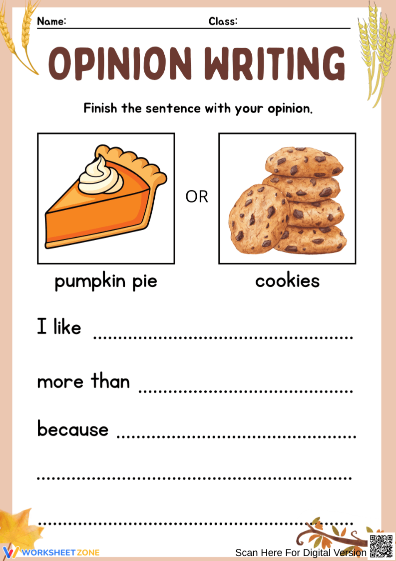 Pumpkin Pie or Cookies Opinion Writing Worksheet for Grade 1 - Page 1