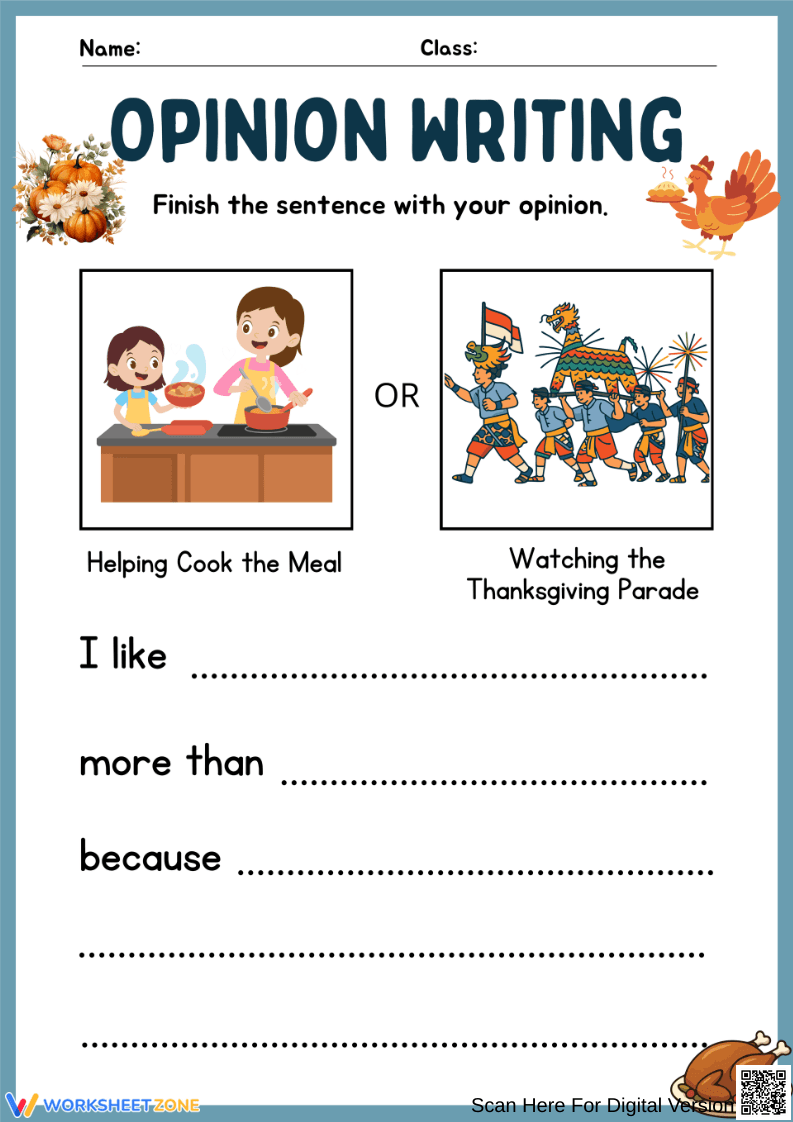 Thanksgiving Opinion Writing: Cooking or Parade Activity - Page 1