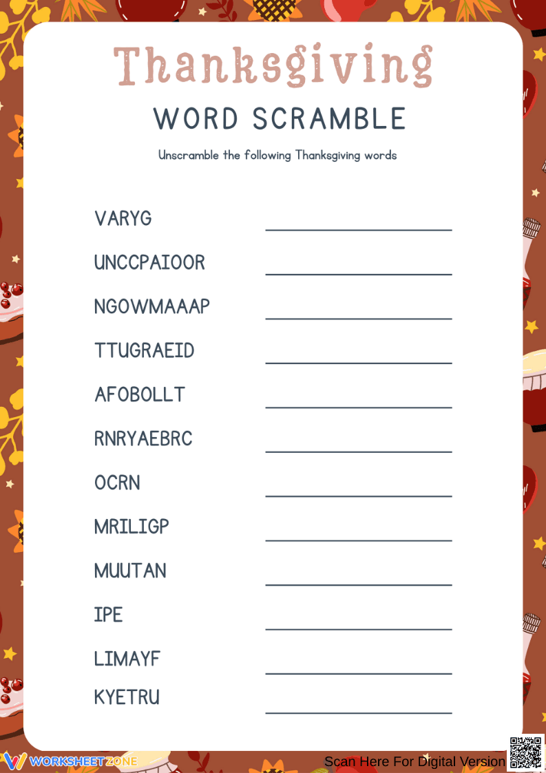 Thanksgiving Word Scramble for Elementary Students - Page 1