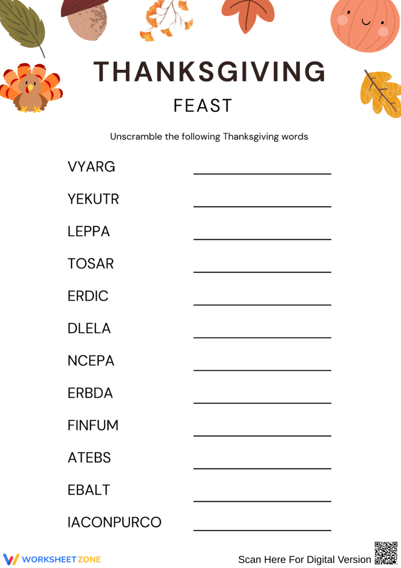 Thanksgiving Feast Word Scramble - Page 1