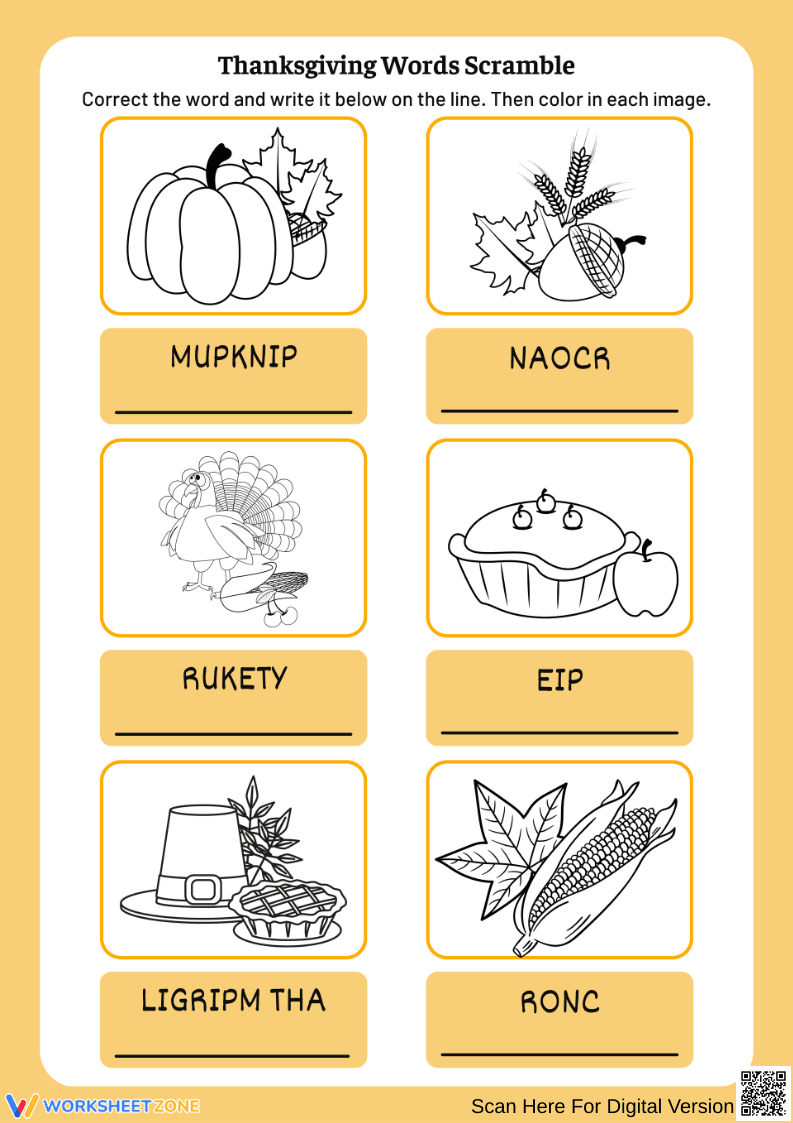 Thanksgiving Word Scramble and Coloring Worksheet - Page 1
