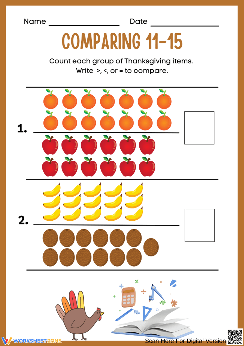 Thanksgiving Comparing Numbers 11–15 Worksheet - Page 1