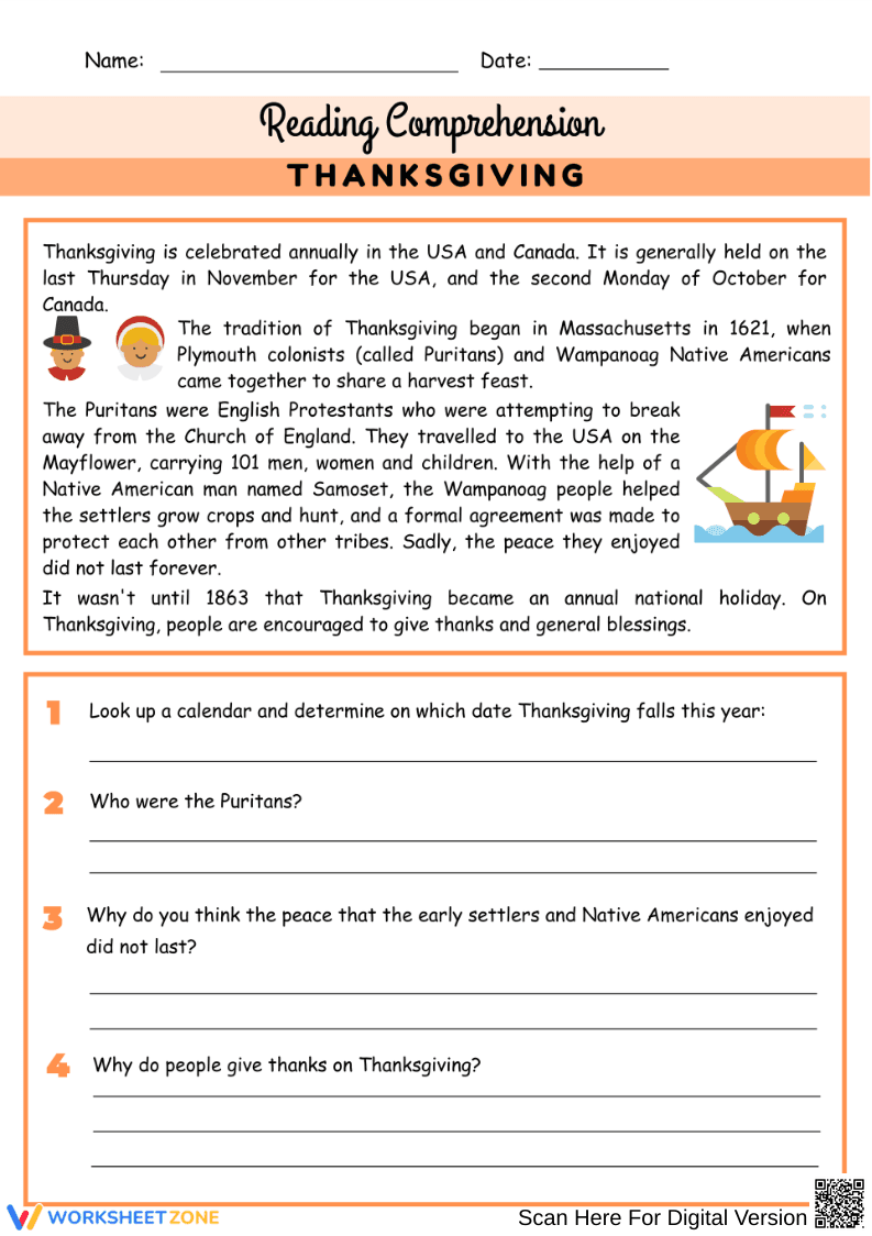 Thanksgiving History Reading Comprehension Worksheet - Page 1