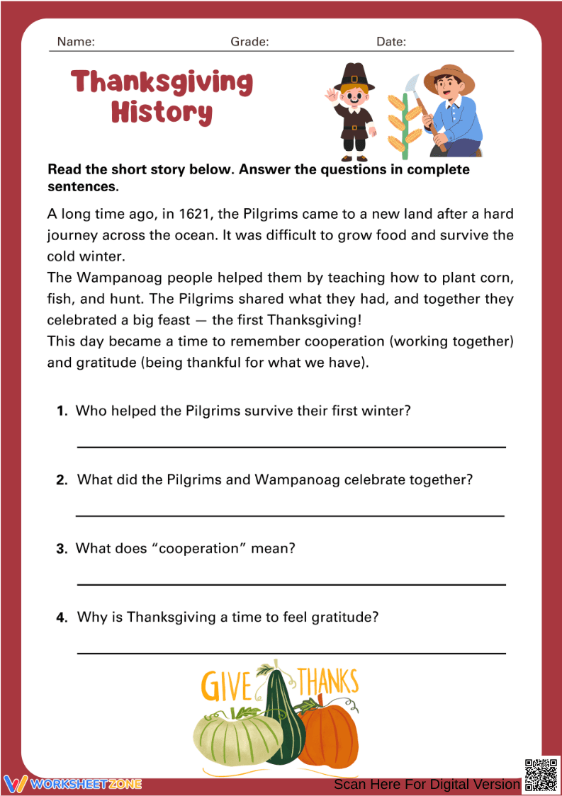Thanksgiving History Reading Worksheet - Page 1