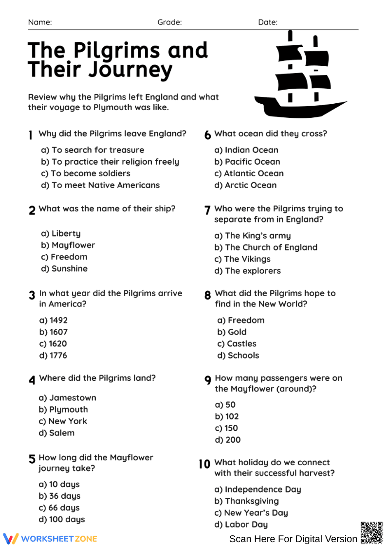 The Pilgrims and Their Journey Quiz Worksheet - Page 1