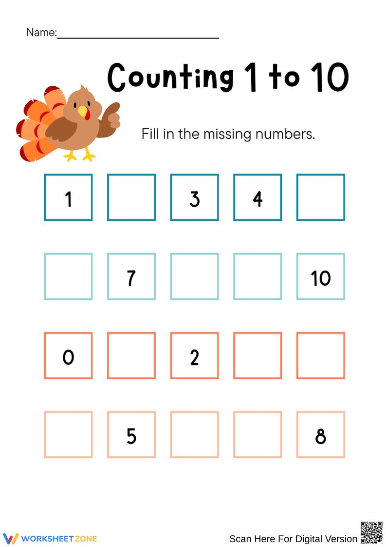Counting 1 to 10 Thanksgiving Worksheet - Page 1