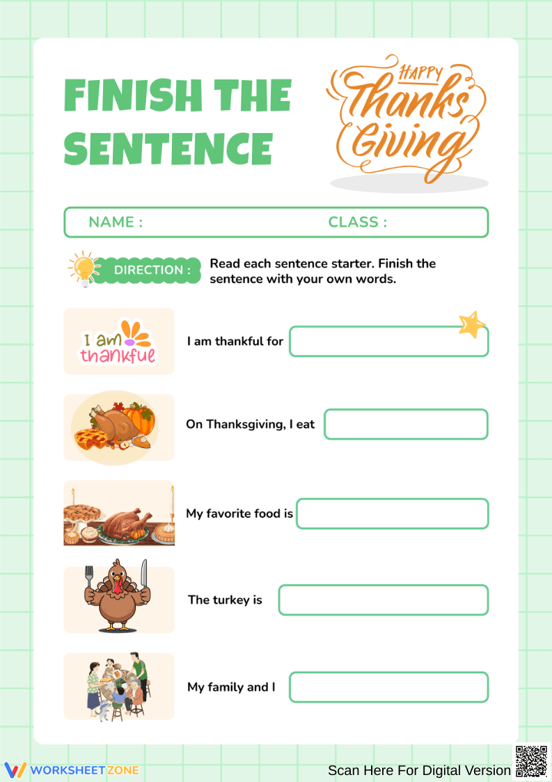 Thanksgiving Finish the Sentence Writing Activity for Kids - Page 1