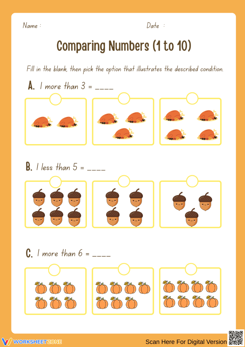 Comparing Numbers 1 to 10 Thanksgiving Worksheet - Page 1
