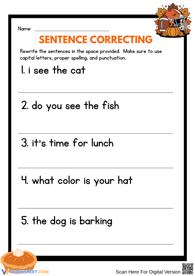Thanksgiving Sentence Correcting Worksheet - Page 1