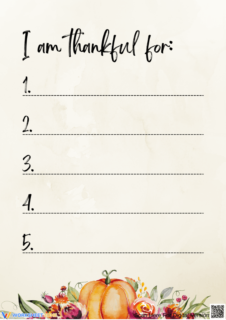 I Am Thankful For Writing List Worksheet - Page 1