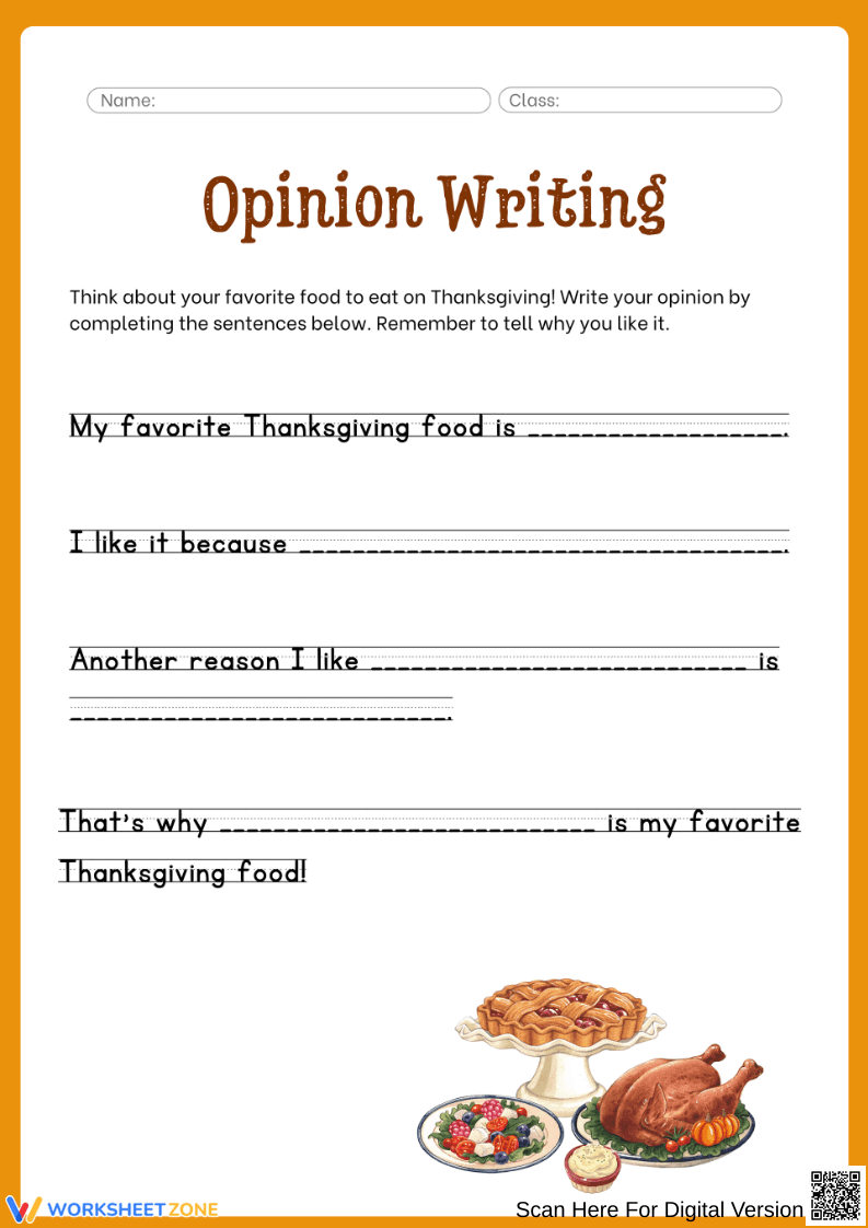 Thanksgiving Opinion Writing Worksheet for Kids - Page 1