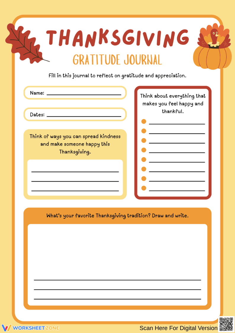 Thanksgiving Gratitude Journal Worksheet - Page 1