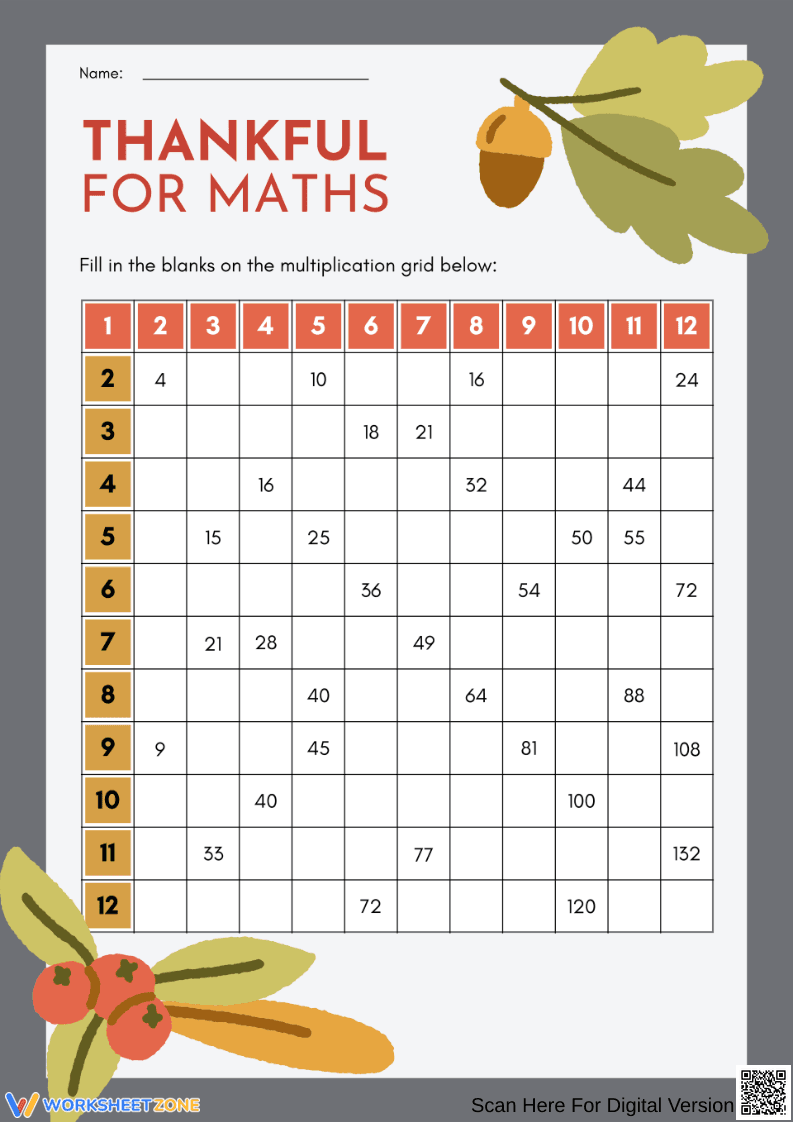 Thankful for Maths – Thanksgiving Multiplication Grid Worksheet - Page 1