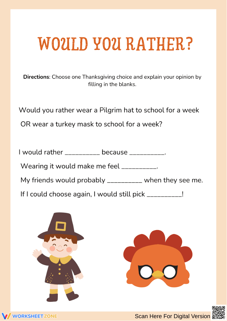 Would You Rather? Thanksgiving Opinion Writing Worksheet - Page 1