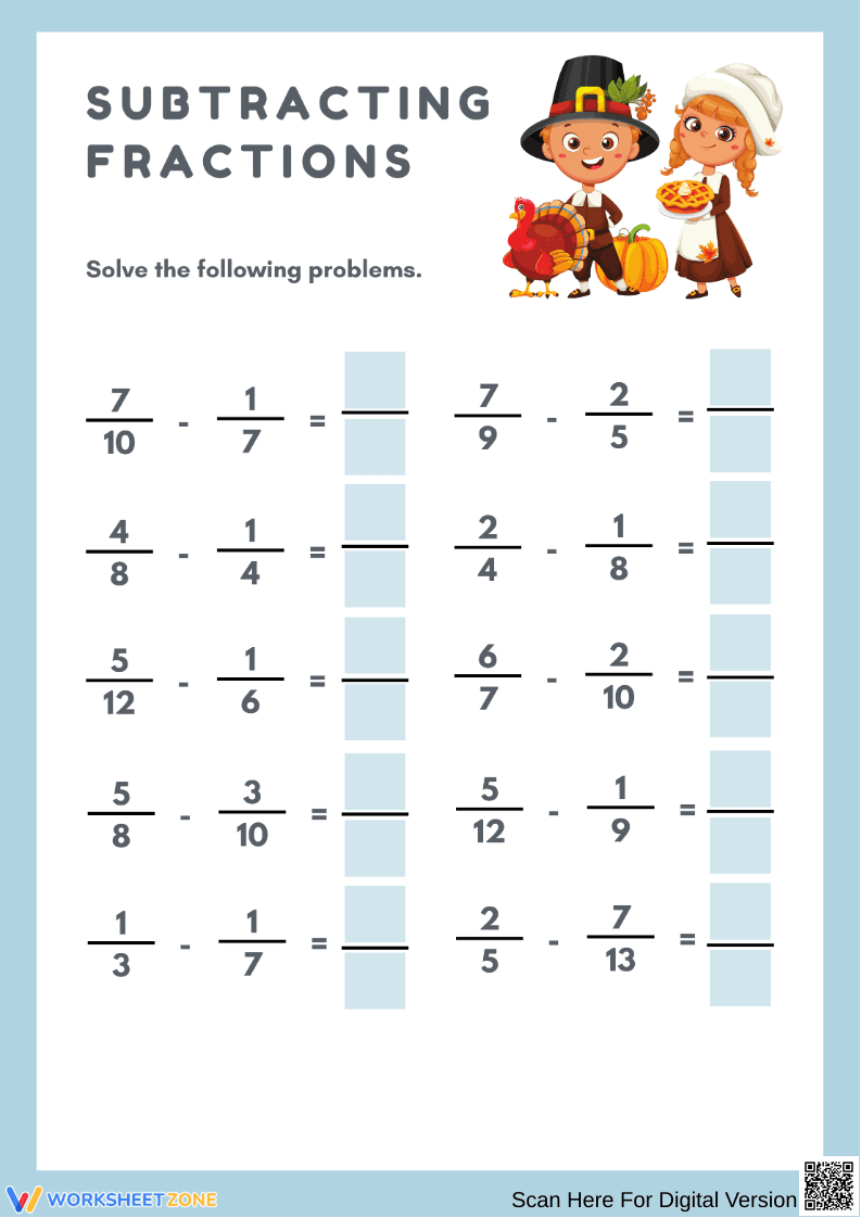 Thanksgiving Math: Fraction Subtraction Challenge - Page 1