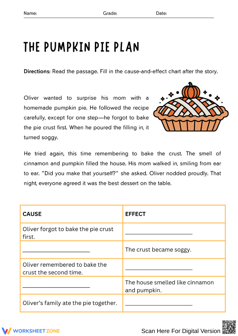 Thanksgiving Cause and Effect Worksheet – The Pumpkin Pie Plan - Page 1