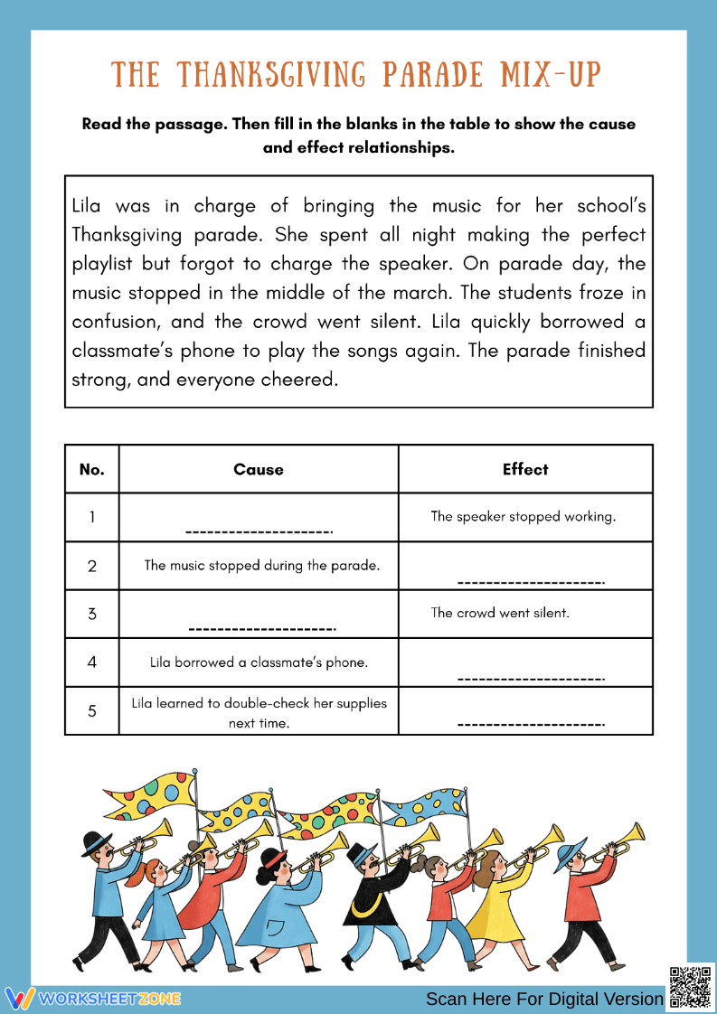 The Thanksgiving Parade Mix-Up – Cause and Effect Reading Worksheet - Page 1