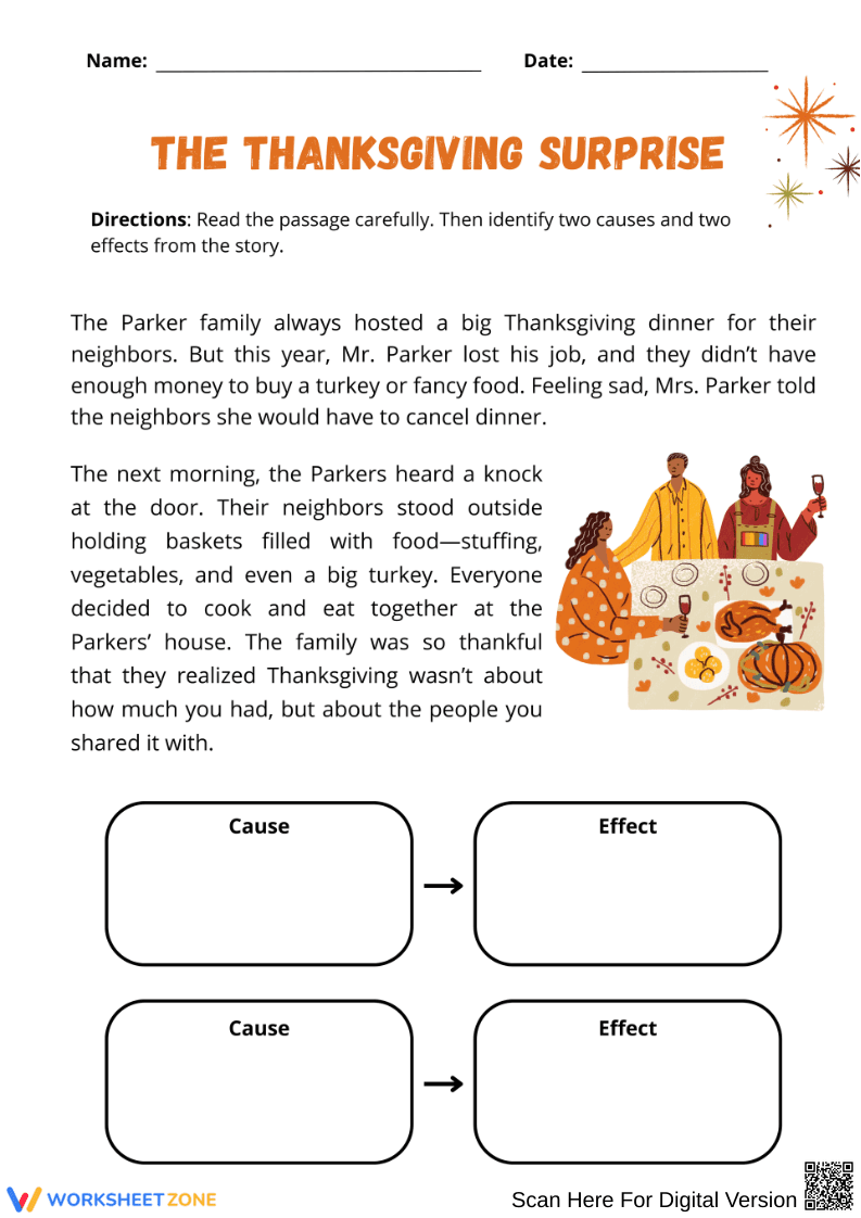 The Thanksgiving Surprise – Cause and Effect Reading Worksheet - Page 1