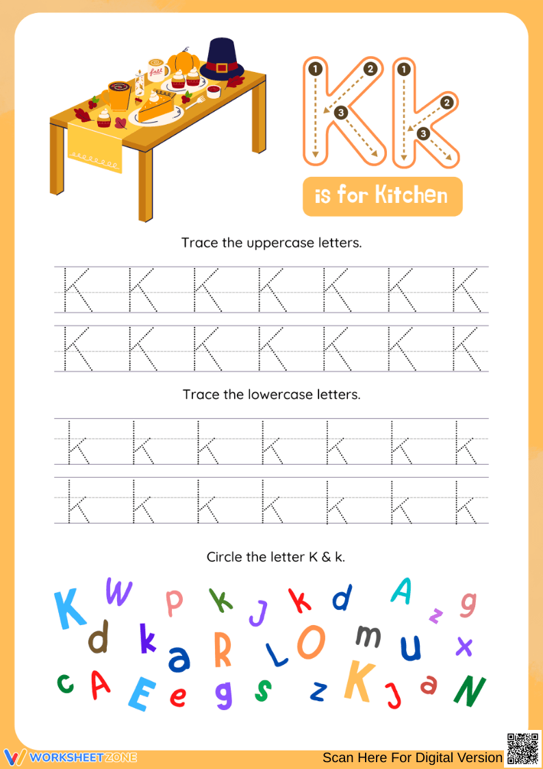 Letter K Tracing Worksheet – K is for Kitchen - Page 1