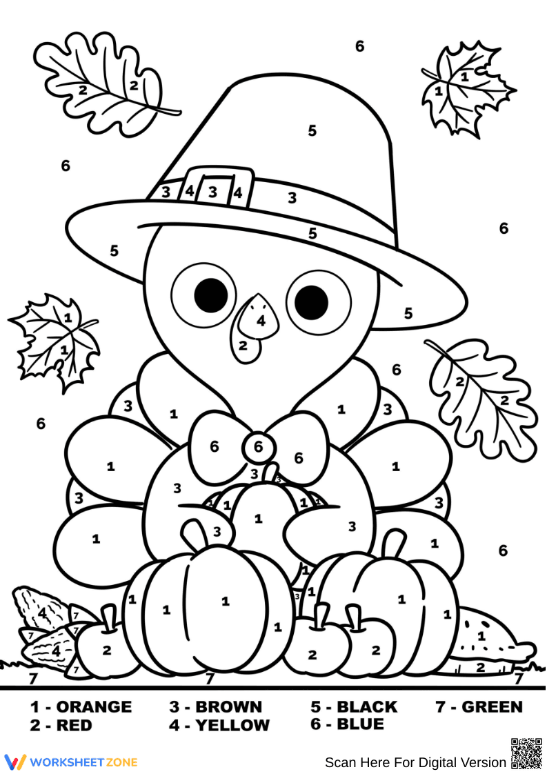 Thanksgiving Color by Number – Pilgrim Turkey Worksheet - Page 1