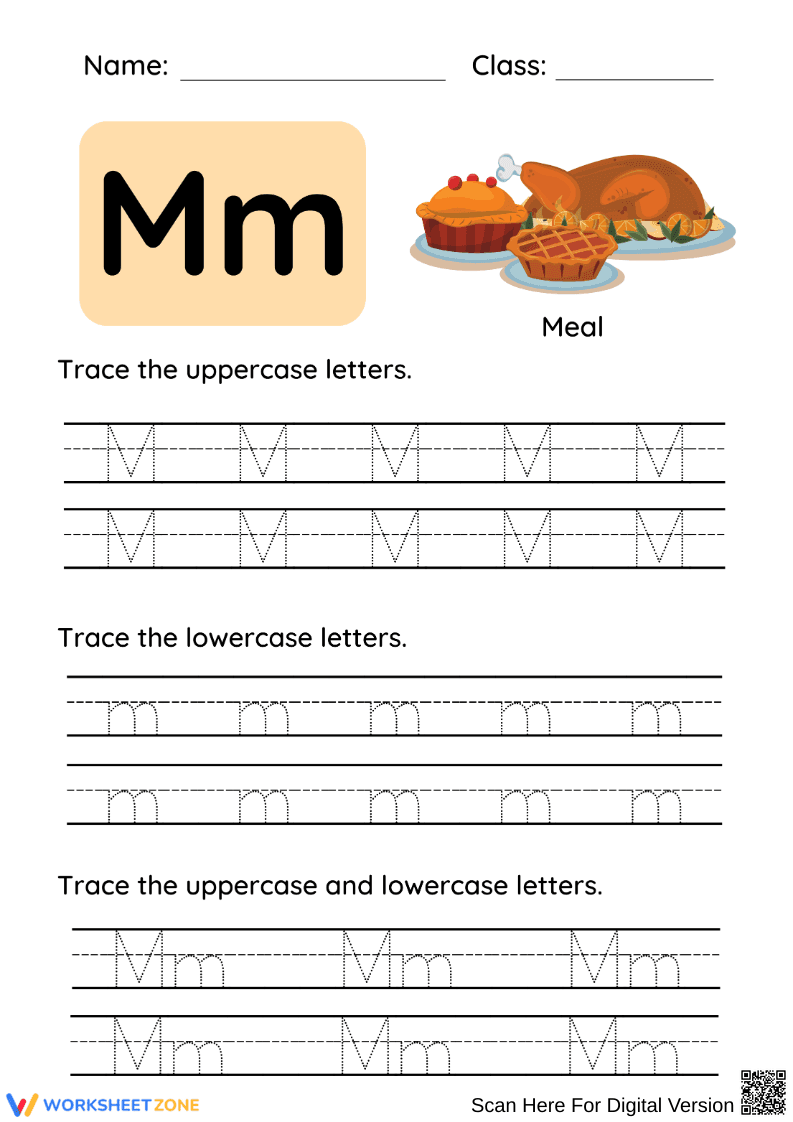 Letter M Tracing Worksheet – M is for Meal - Page 1