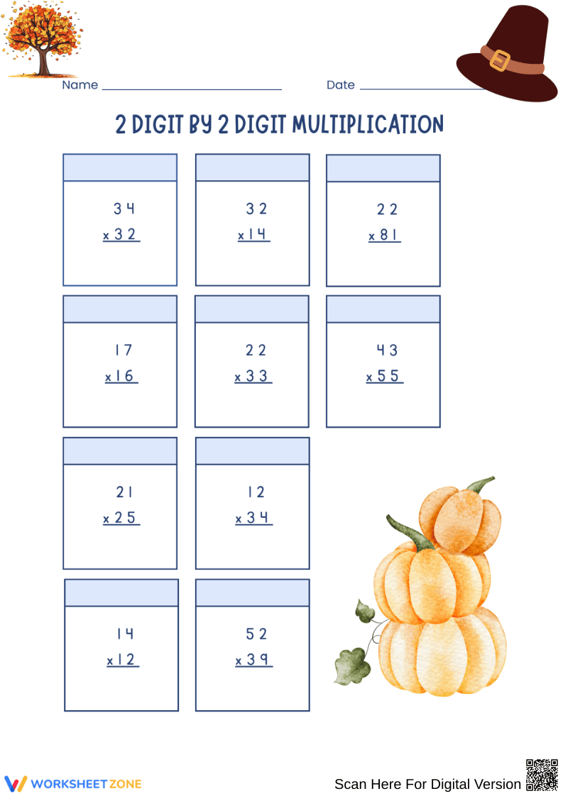 2-Digit by 2-Digit Multiplication Worksheet - Thanksgiving Theme - Page 1