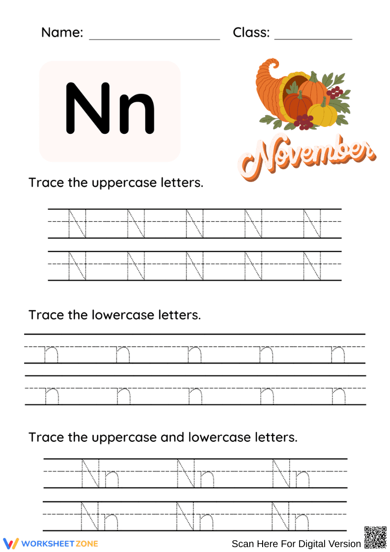 Letter N Tracing Worksheet – N is for November - Page 1