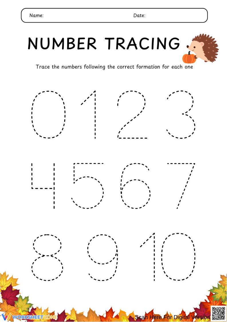 Thanksgiving Number Tracing 0–10 Worksheet for Preschool - Page 1