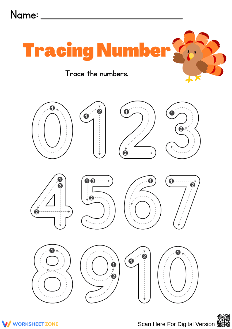 Thanksgiving Number Tracing 0–10 Worksheet for Preschool - Page 1
