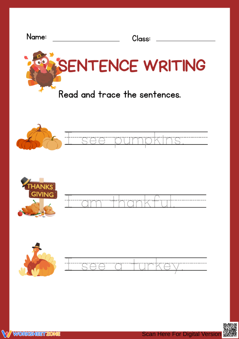 Thanksgiving Sentence Tracing Worksheet for Kindergarten - Page 1