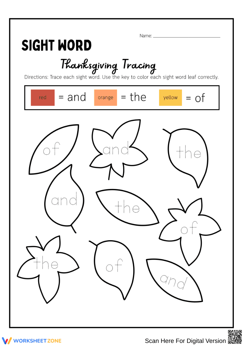 Thanksgiving Sight Word Coloring and Tracing Worksheet - Page 1