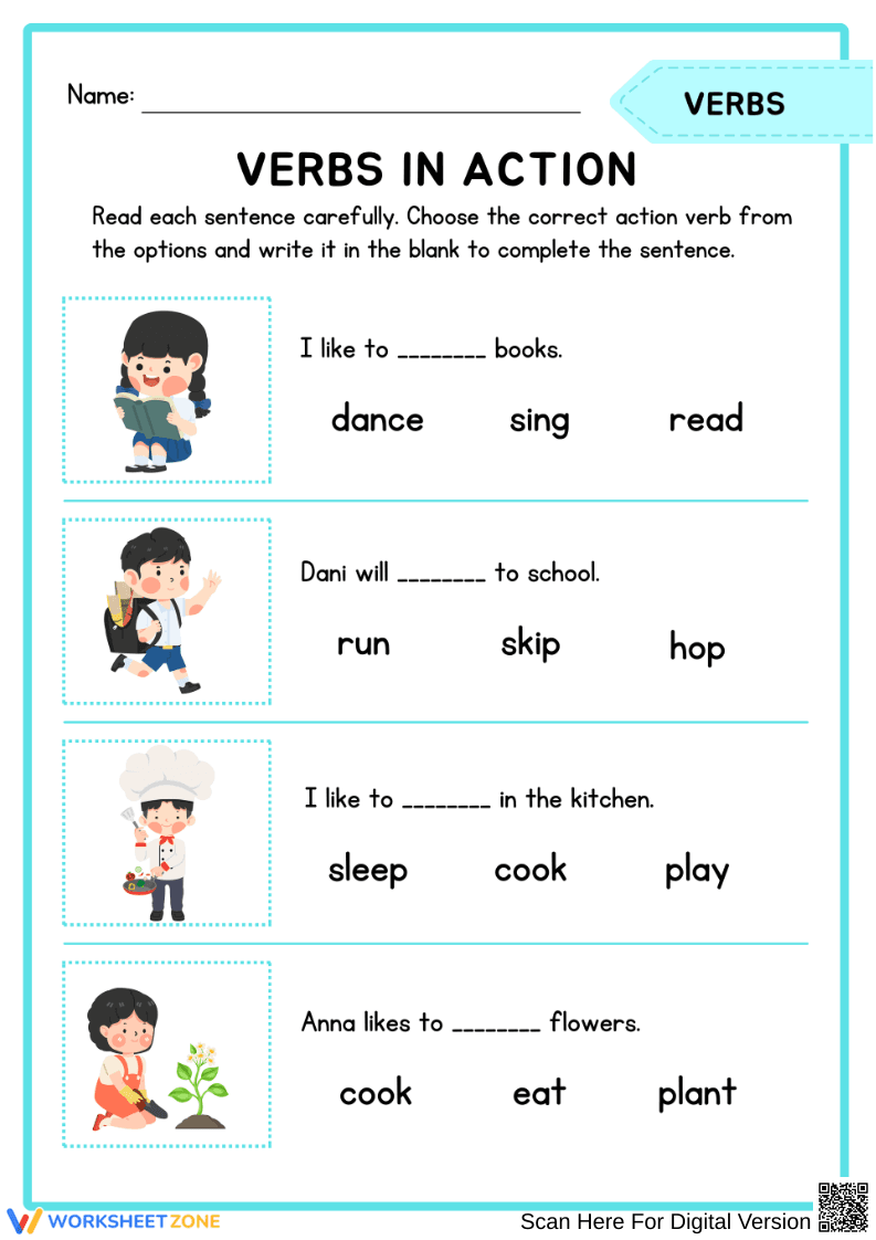 Verbs in Action – Fill in the Blanks Worksheet - Page 1