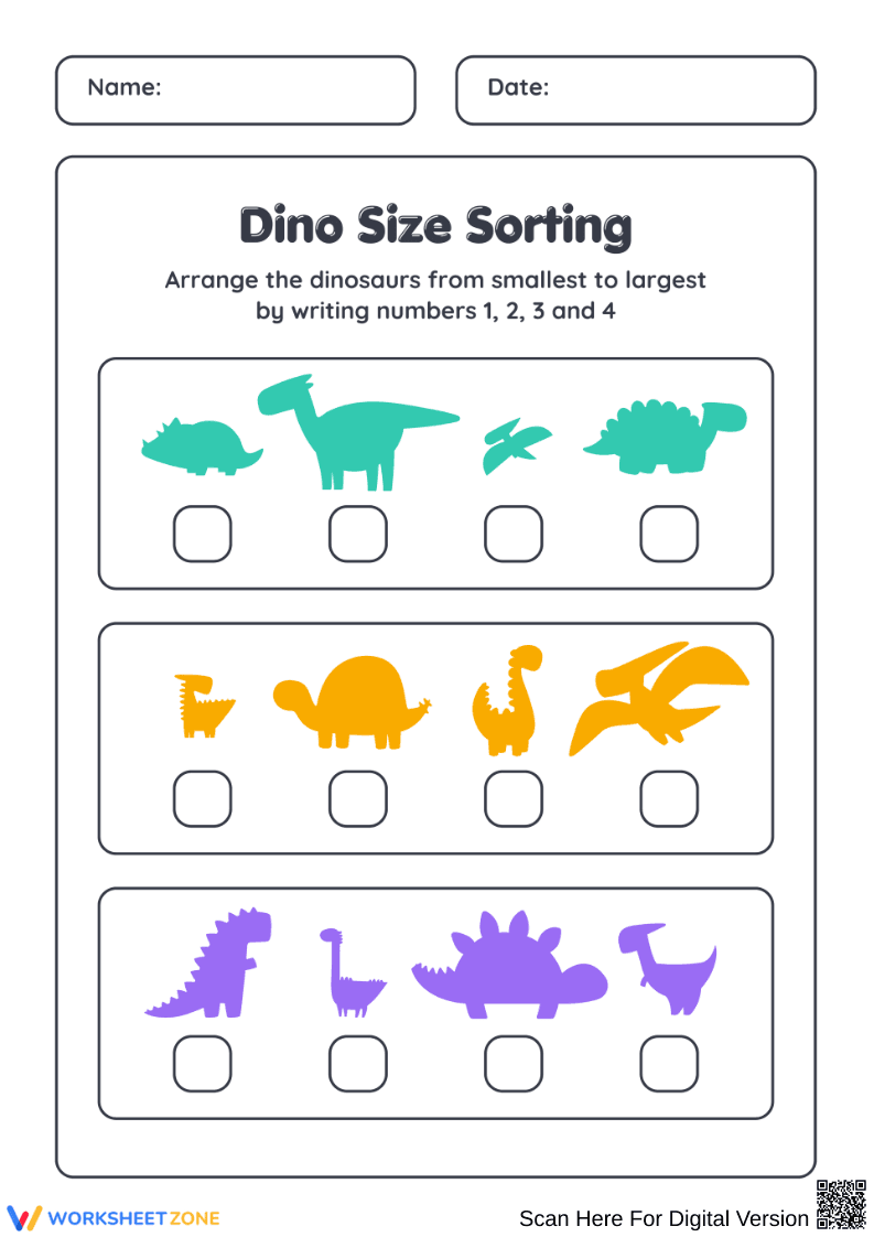 Dinosaur Size Sorting Worksheet for Kids - Page 1