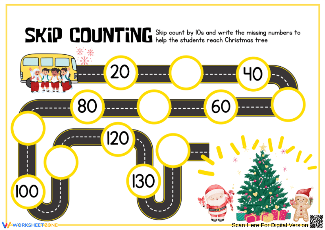 Skip Counting by 10s – Christmas Road Worksheet - Page 1