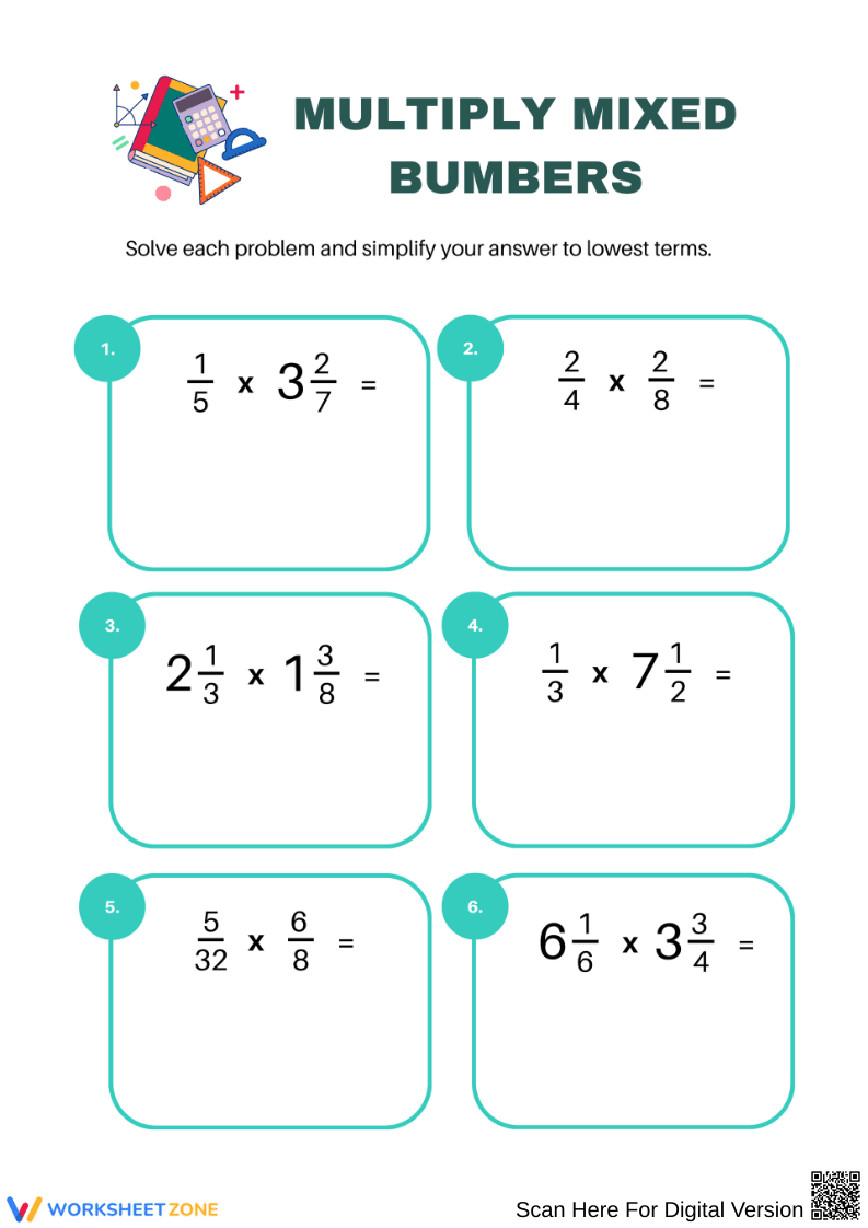 Multiply Mixed Numbers Worksheet - Page 1