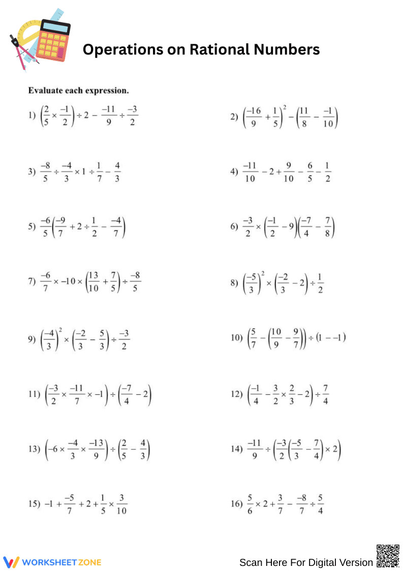 Evaluate Rational Number Expressions Worksheet - Page 1