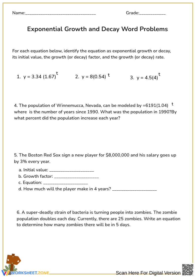 Exponential Growth and Decay Word Problems Worksheet - Page 1