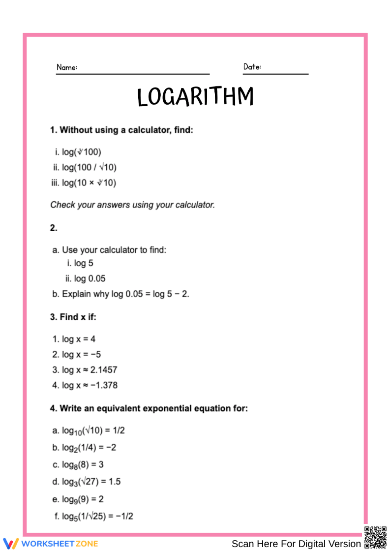 Logarithm Practice Worksheet – Evaluate and Rewrite Logs - Page 1