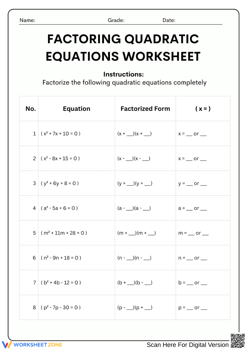Factoring Quadratic Equations Worksheet - Page 1