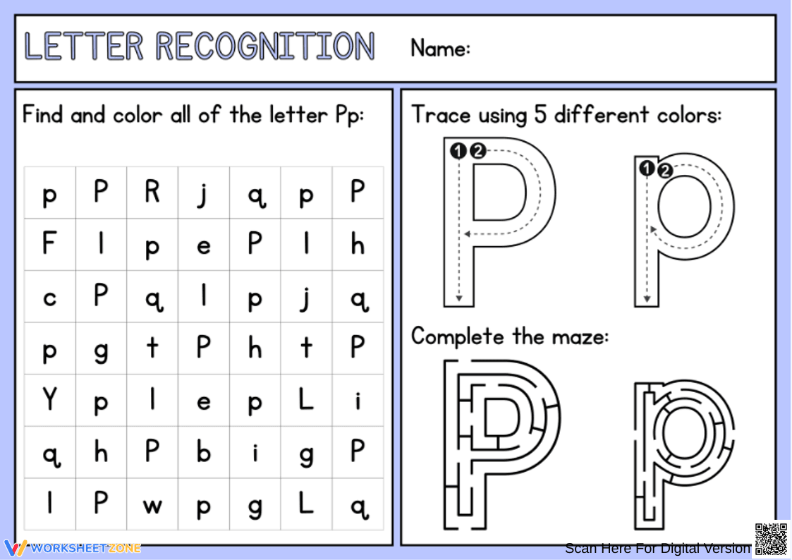 Find, trace, and color the letter P - Page 1