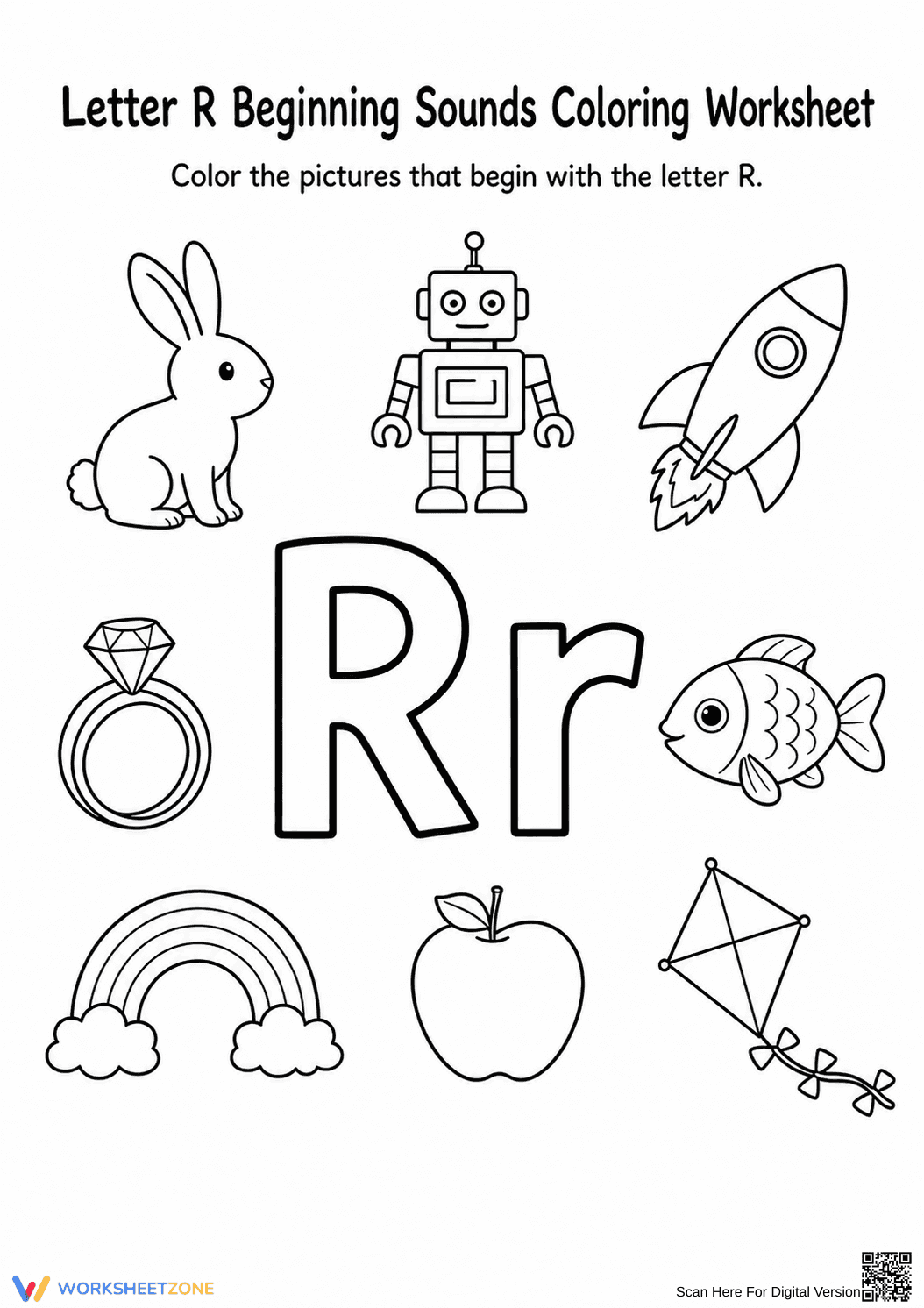Letter R Beginning Sounds Coloring Worksheet - Page 1